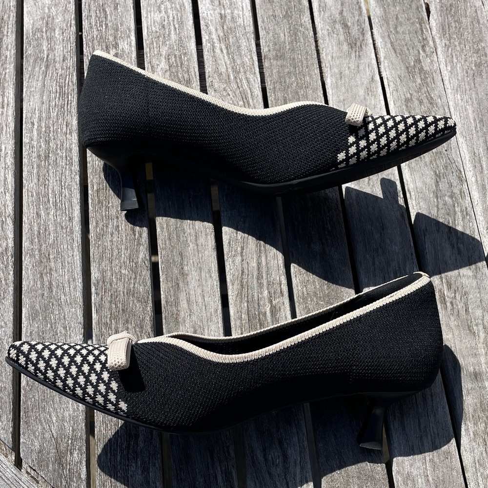 Vivaia Sz 7.5 38 Black & Cream Pointed Toe Kitten Heel Pumps - Picture 9 of 13